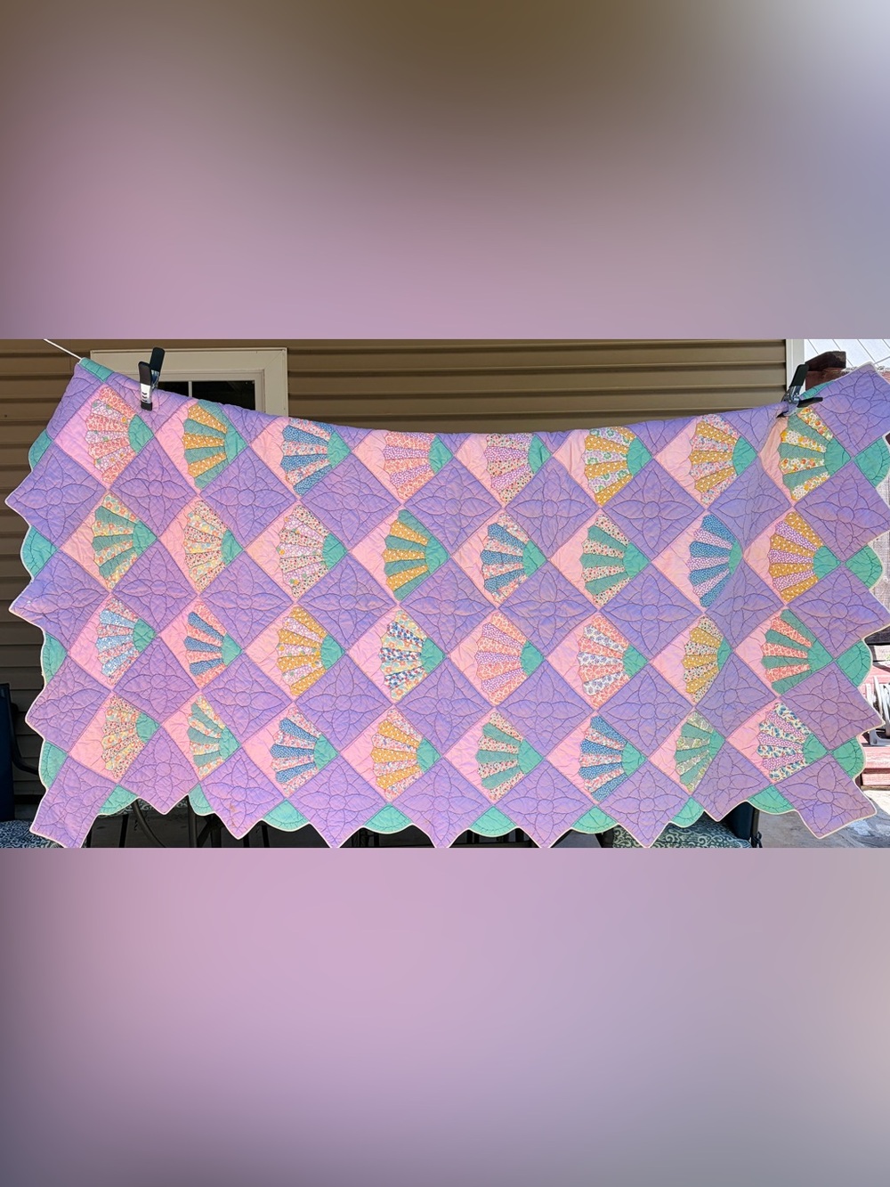 Vintage Lavender Fan Quilt 50x92 - Hand Quilted Scalloped Edge Cottage Quilt